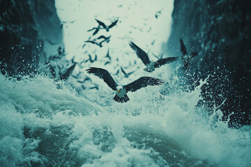 A dramatic scene of a river with turbulent waters and a flock of birds flying above. An eagle is prominently featured in the foreground, capturing the essence of nature's wild beauty.