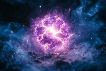 Obraz premium A glowing purple energy sphere surrounded by swirling blue mist and sparks, creating a mystical and otherworldly atmosphere.