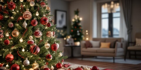 Christmas tree decorated with ornaments and lights,  snowy scene,  evergreen branches,  holiday trees