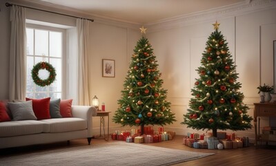 Christmas tree in living room with ornaments and garland,  decorated space,  christmas decorations,  holiday decor