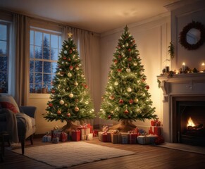 Christmas tree with lights and ornaments in a cozy winter room ,  ornaments,  mantel,  festive