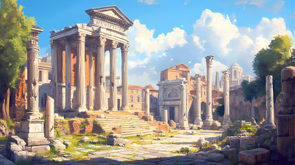 Rome piscina painting - ancient, roman, rome, architecture, building, landmark, italy, city, monument, europe, travel, old, church, town, sky, square. Ancient Ruins. Illustration
