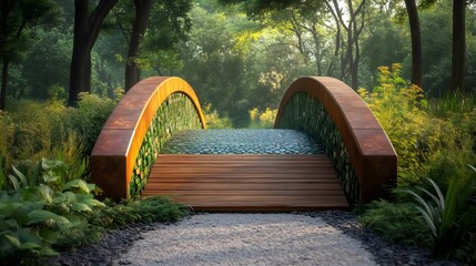 A bridge with a wooden deck and a small stream running underneath it