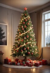 Christmas tree with ornaments and lights in a festive room,  Trees,  Lights,  Christmas