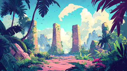 The ancient ruins stand majestically, enveloped by a beautifully lush and vibrant jungle landscape. Ancient Ruins. Illustration