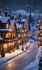 Christmas village with decorated houses and snow,  christmas trees,  snow-covered roofs,