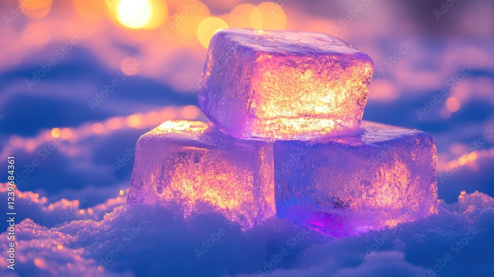 Poster stacked ice blocks in shades of vibrant blue and pink on fresh snow, illuminated by a gentle golden 
