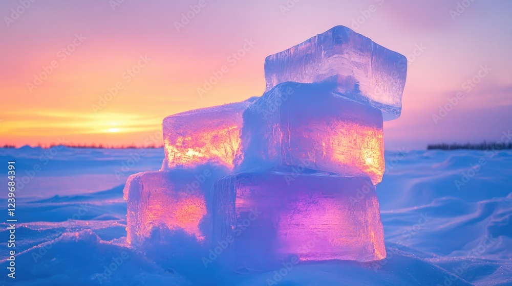 Poster stacked ice blocks in shades of vibrant blue and pink on fresh snow, illuminated by a gentle golden 