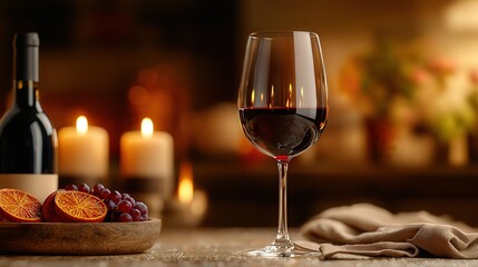Fototapeta premium Elegant Glass of Red Wine Next to a Vibrant Bowl of Freshly Picked Fruit in a Cozy Dining Setting Evoking Warmth and Culinary Delight for Gatherings