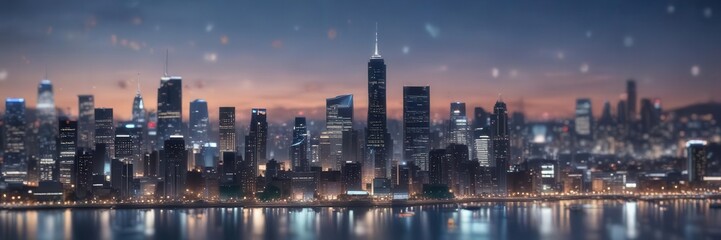 Obraz premium Cityscape at dusk with twinkling lights and abstract circular bokeh on blue background, city lights, night, blue sky