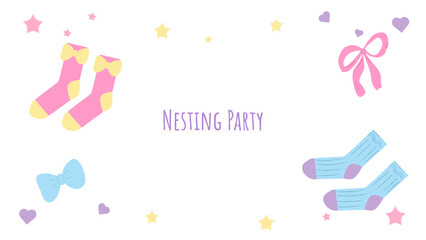 Nesting party banner honor of expectant parents. Socks and bows for boys and girls. Website poster design in pastel colors. Vector illustration.