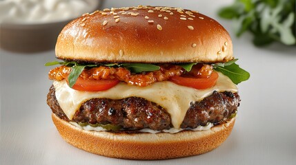 Delicious Juicy Hamburger with Melted Cheese Sitting on a Clean White Surface Ready to Be Enjoyed in a Casual Dining Setting Perfect for Food Lovers