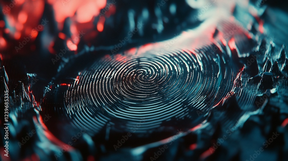 Poster abstract fingerprint pattern with dynamic textures and glowing red highlights