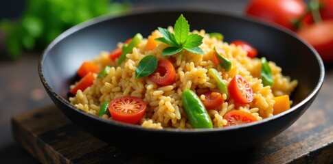 Colorful vegetables stir-fried with rice in a wok, healthy, eggs