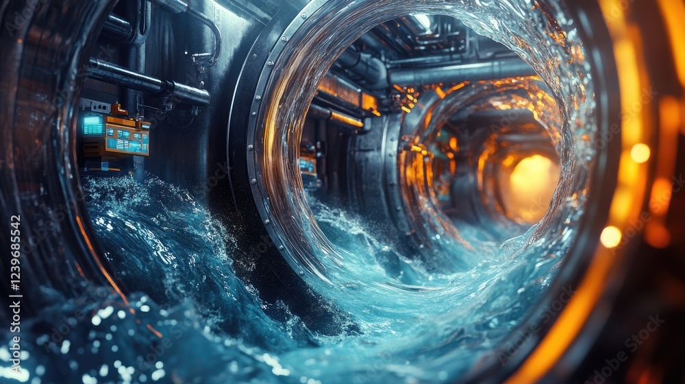Poster swirling water inside a high-tech pipe, with vibrant machinery in the backdrop, creating a cutting-e