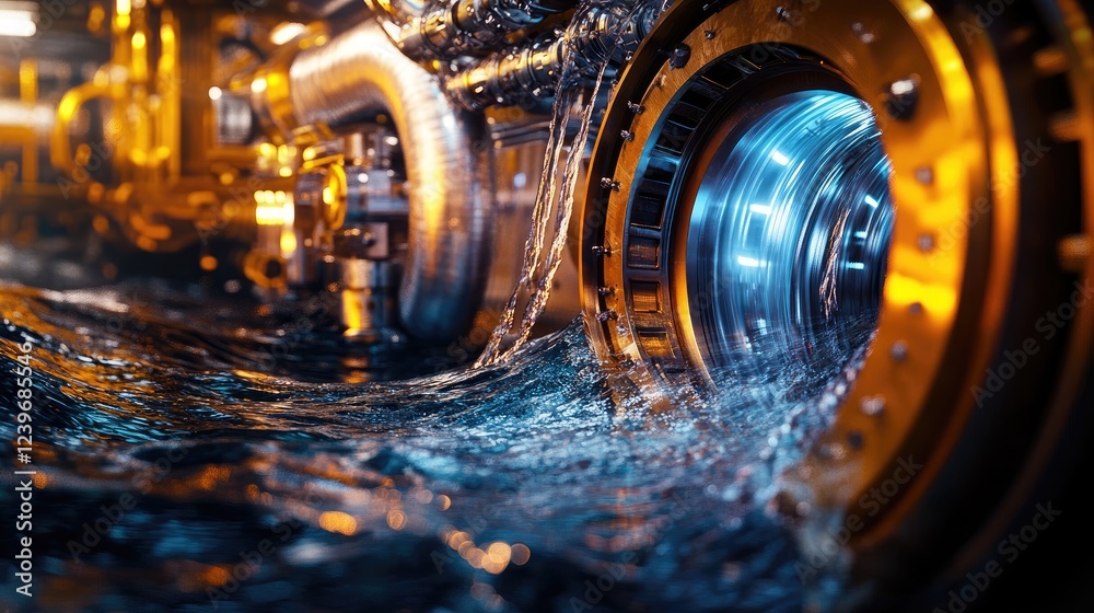 Poster swirling water inside a high-tech pipe, with vibrant machinery in the backdrop, creating a cutting-e