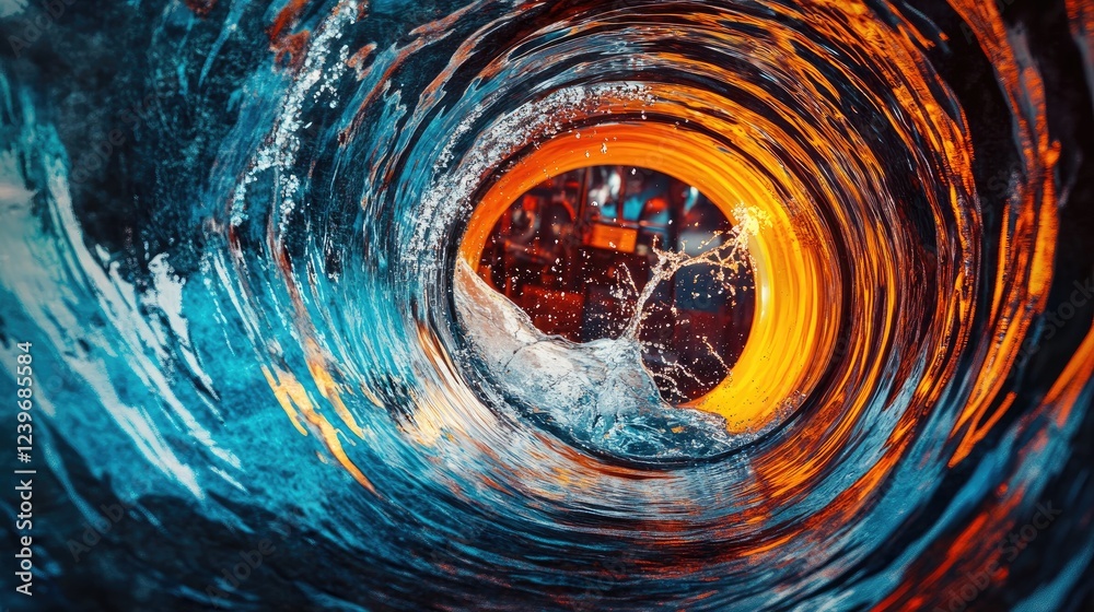 Poster swirling water inside a high-tech pipe, with vibrant machinery in the backdrop, creating a cutting-e