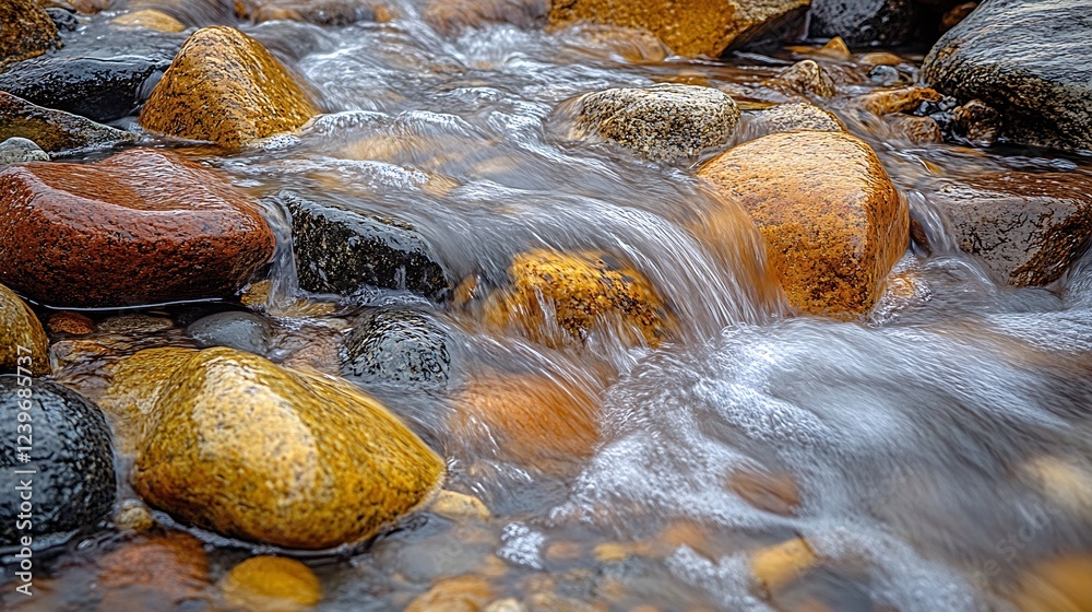 Poster Flowing Stream Over Colorful Rocks in a Natural Setting with Water Motion : Generative AI