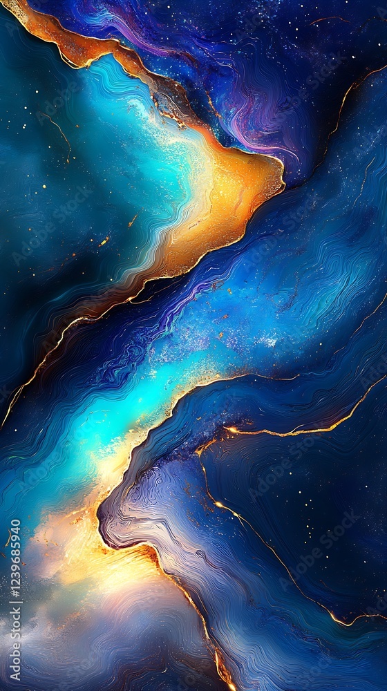 Poster abstract colorful cosmic design with blue and gold swirls : generative ai