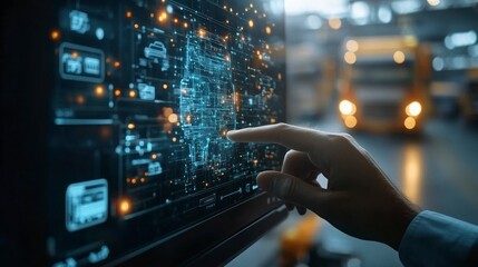 Businessman Interacting with Virtual Touchscreen Interface in Modern Digital Workspace Setting