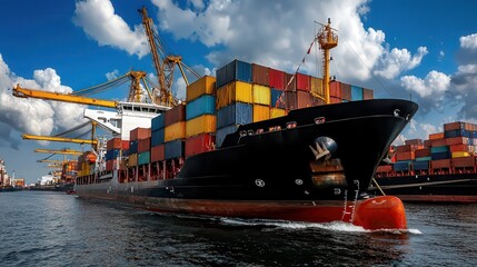 Naklejka premium Large Black Container Ship Navigating Open Waters with Calm Blue Sea and Clear Sky Creating a Majestic Maritime Scene of Transportation and Trade