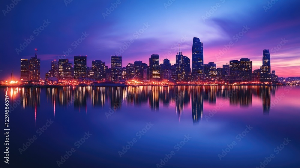 Poster The lights of a vibrant metropolitan skyline glow in the twilight, reflecting on the smooth surface of a harbor, creating a peaceful yet dynamic scene at blue hour.