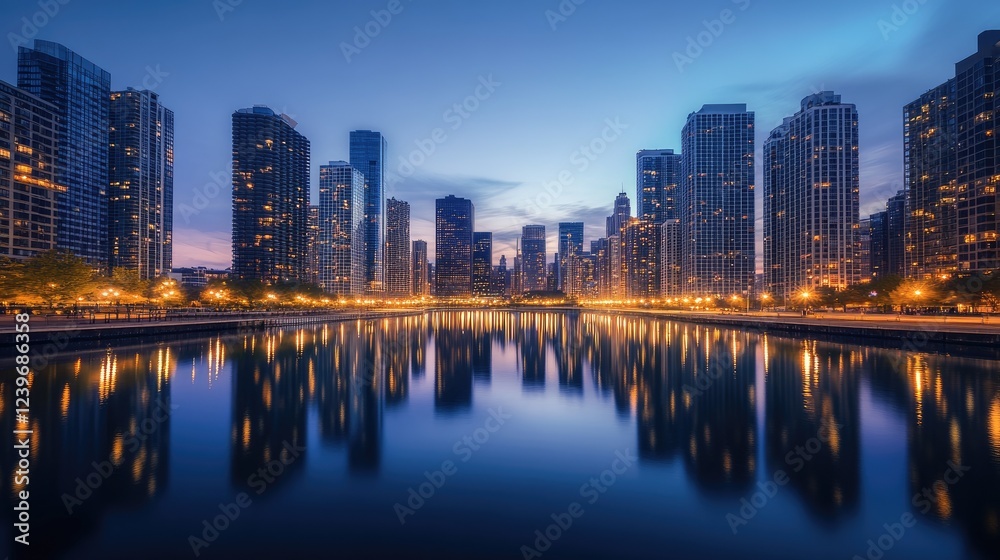 Poster The lights of a vibrant metropolitan skyline glow in the twilight, reflecting on the smooth surface of a harbor, creating a peaceful yet dynamic scene at blue hour.