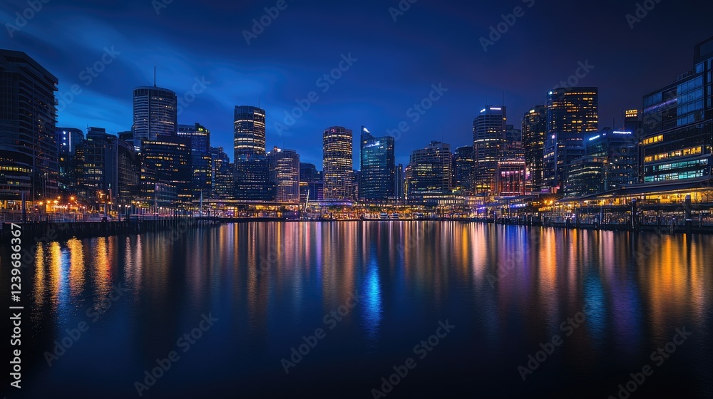 Aufkleber the lights of a vibrant metropolitan skyline glow in the twilight, reflecting on the smooth surface 
