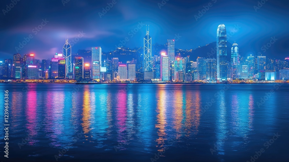 Poster The lights of a vibrant metropolitan skyline glow in the twilight, reflecting on the smooth surface of a harbor, creating a peaceful yet dynamic scene at blue hour.