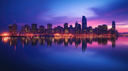 Naklejka premium The lights of a vibrant metropolitan skyline glow in the twilight, reflecting on the smooth surface of a harbor, creating a peaceful yet dynamic scene at blue hour.