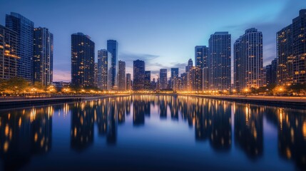 Fototapeta premium The lights of a vibrant metropolitan skyline glow in the twilight, reflecting on the smooth surface of a harbor, creating a peaceful yet dynamic scene at blue hour.