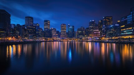 Naklejka premium The lights of a vibrant metropolitan skyline glow in the twilight, reflecting on the smooth surface of a harbor, creating a peaceful yet dynamic scene at blue hour.