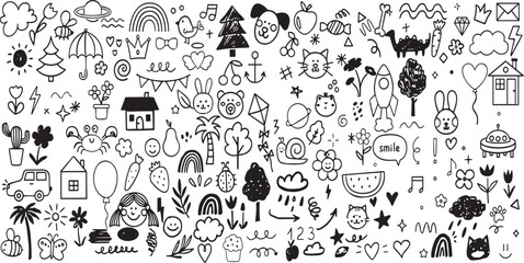 Cute kid scribble line flower, heart. rainbow background. Hand drawn doodle sketch childish element set.