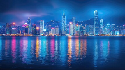 Obraz premium The lights of a vibrant metropolitan skyline glow in the twilight, reflecting on the smooth surface of a harbor, creating a peaceful yet dynamic scene at blue hour.