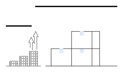 Stacked bars with upward arrows showcase growth. Adjacent boxes highlight structure, planning, and scalability. Ideal for business growth, strategy, logistics, success, goals analytics abstract