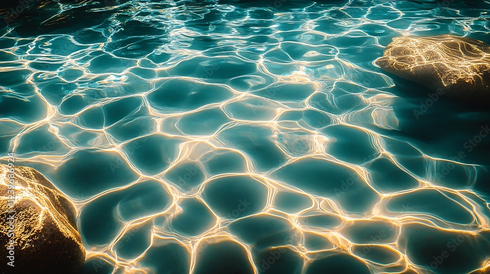 Poster crystal clear water surface with sunlight reflections and rock formation under the surface : generat