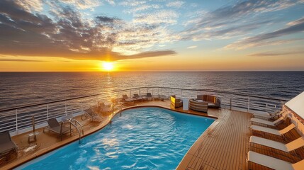 Obraz premium Tranquil adult pool area aboard a cruise ship, offering a panoramic view of the sparkling ocean and the warm golden hues of a summer evening.