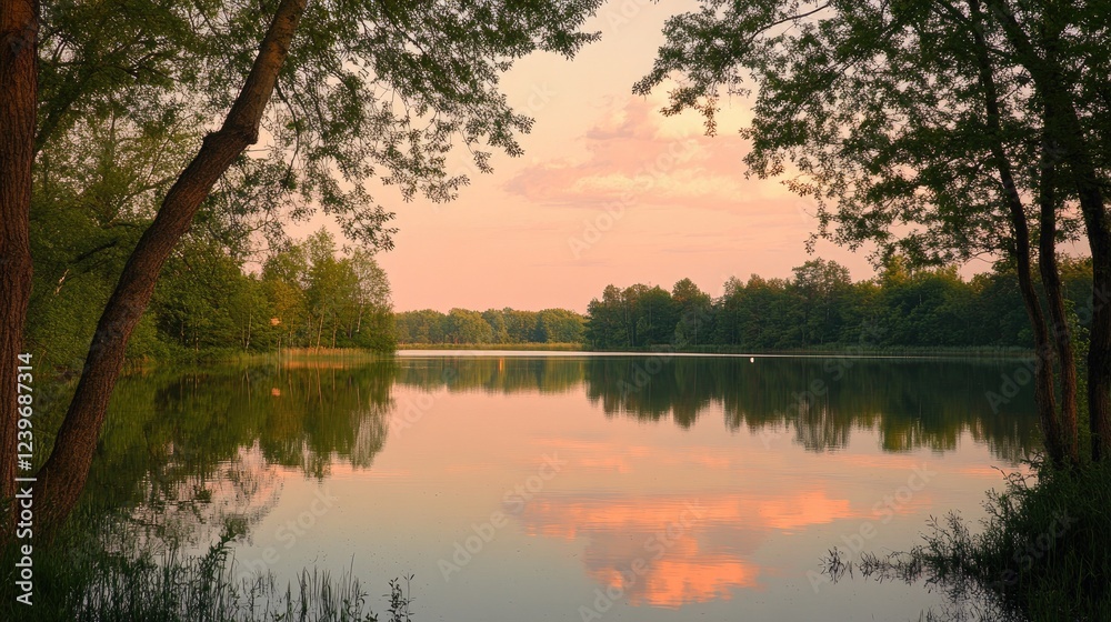 Poster Trees perfectly align to form a natural frame around a peaceful lake, reflecting the soft colors of a pastel sunset sky, creating a calming scene.