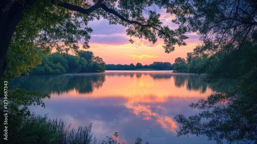 Poster Trees perfectly align to form a natural frame around a peaceful lake, reflecting the soft colors of a pastel sunset sky, creating a calming scene.
