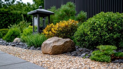 Obraz premium A Tranquil Rock Nestled in a Lush Garden Surrounded by Vibrant Greenery and Colorful Flowers Creating a Serene Natural Atmosphere of Calm