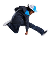 Jump, dance and young child with celebration success and energy for hip hop learning and talent. Freedom, moving and kid or youth dancer in air with streetwear isolated on png, transparent background