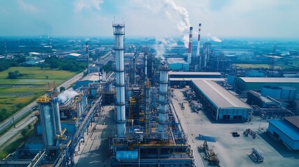 Fototapeta premium Aerial view of a sprawling industrial complex with smokestacks and infrastructure