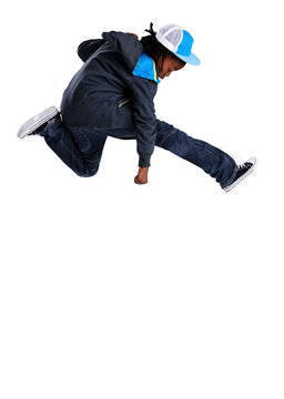 Jump, dance and young child with celebration success and energy for hip hop learning and talent. Freedom, moving and kid or youth dancer in air with streetwear isolated on png, transparent background