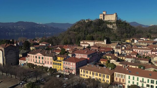 Beautiful drone view of the lake and the Alps. Italy, Angera. 
