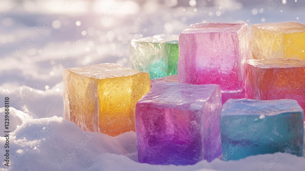 Poster Vibrant multicolored ice blocks stacked on fresh snow, with sunlight creating subtle reflections and a soft, blurred background adding tranquility to the scene.