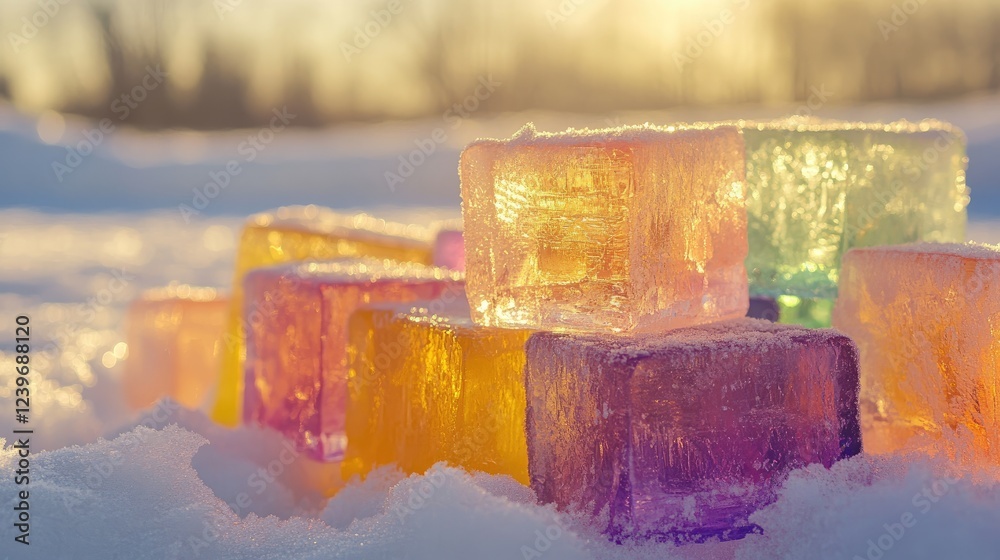 Poster Vibrant multicolored ice blocks stacked on fresh snow, with sunlight creating subtle reflections and a soft, blurred background adding tranquility to the scene.