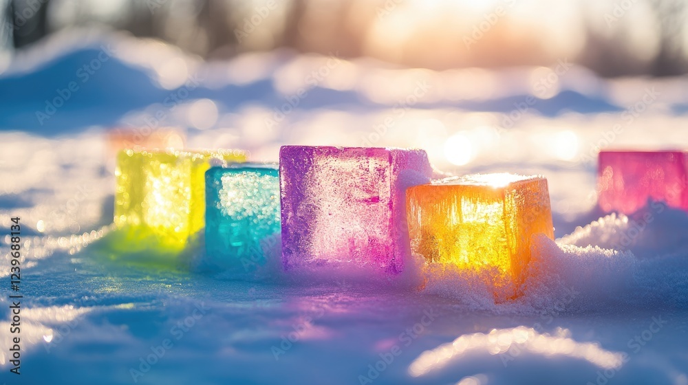 Poster Vibrant multicolored ice blocks stacked on fresh snow, with sunlight creating subtle reflections and a soft, blurred background adding tranquility to the scene.