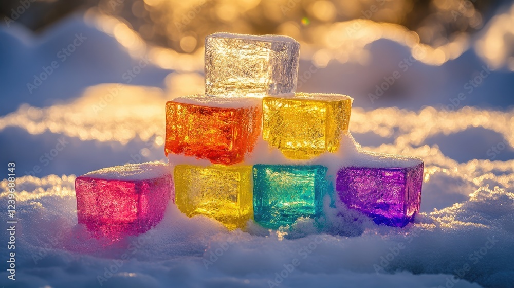 Poster Vibrant multicolored ice blocks stacked on fresh snow, with sunlight creating subtle reflections and a soft, blurred background adding tranquility to the scene.