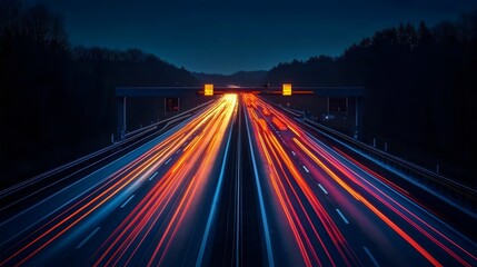 A highway with a long line of cars and a bright orange light in the middle