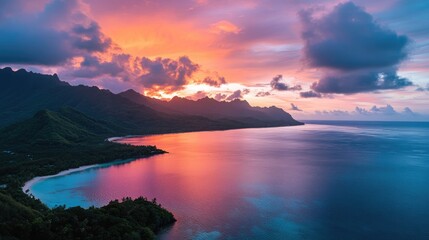 Vibrant sunset colors light up the South Pacific Ocean and Moorea lagoon, creating a breathtaking panorama from a high-angle view, filled with warmth and tranquility.